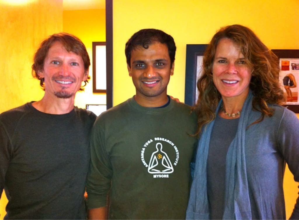 William Mushkin and Elizabeth Van Genderen with Sharath Jois at KPJAYI in Mysore, India